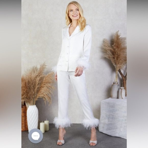 Nadine Merabi "Darcie" Feather Pajamas in White - Size S/M - Picture 2 of 12